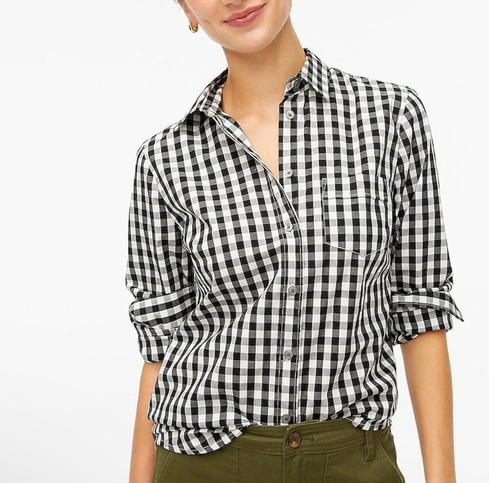 J. Crew Crinkle Boy Shirt in Black Check Size 2